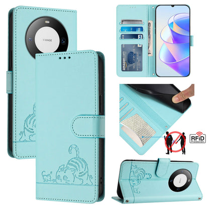 Huawei Mate 60 Leather Phone Case with Cat and Rat Embossed Pattern, RFID Protection, Card Holder Slots, Anti-fall Feature & Lanyard