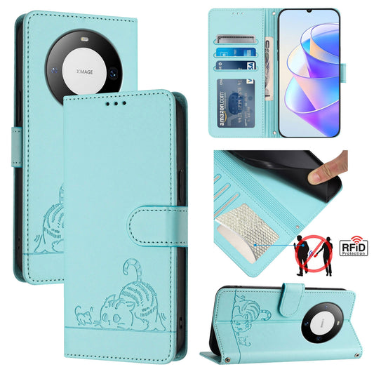 Huawei Mate 60 Leather Phone Case with Cat and Rat Embossed Pattern, RFID Protection, Card Holder Slots, Anti-fall Feature & Lanyard