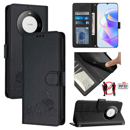 Huawei Mate 60 Leather Phone Case with Cat and Rat Embossed Pattern, RFID Protection, Card Holder Slots, Anti-fall Feature & Lanyard