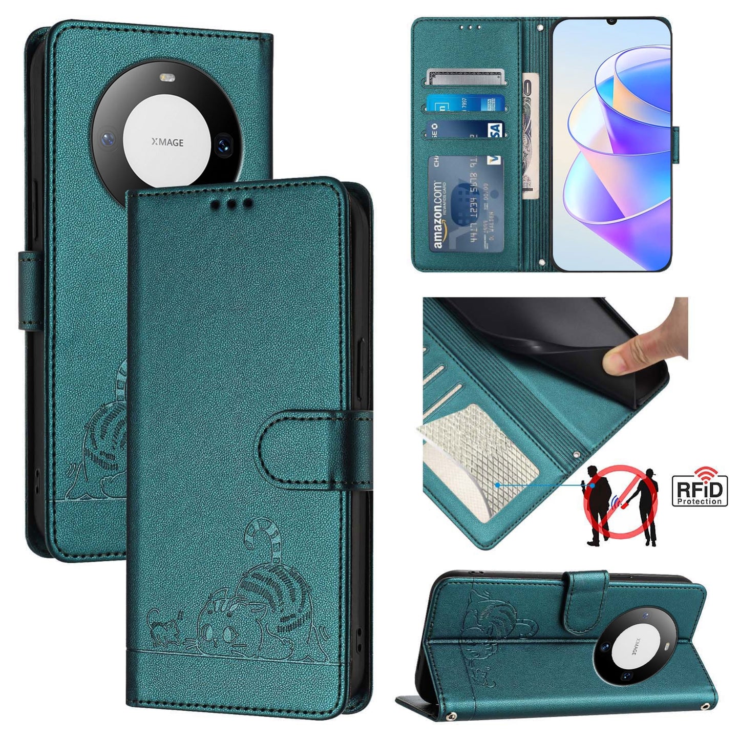 Huawei Mate 60 Leather Phone Case with Cat and Rat Embossed Pattern, RFID Protection, Card Holder Slots, Anti-fall Feature & Lanyard