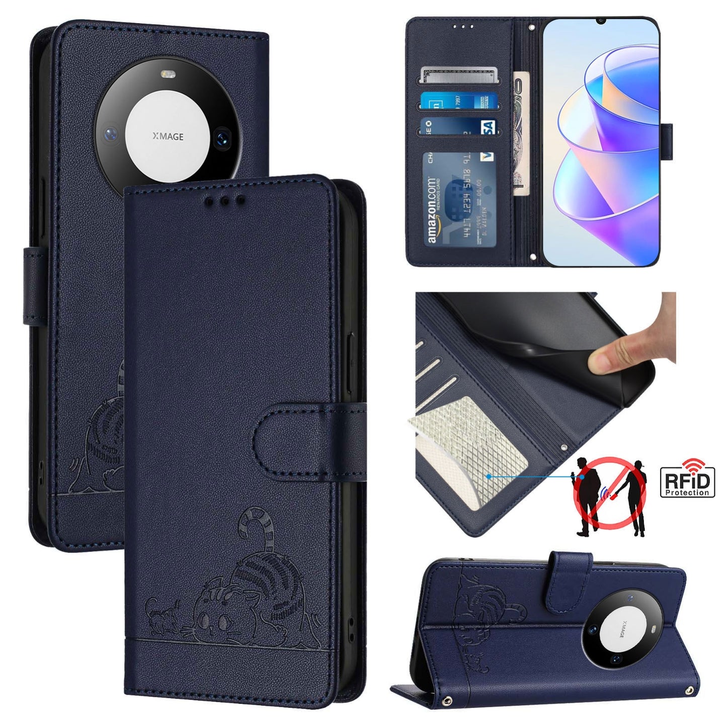 Huawei Mate 60 Leather Phone Case with Cat and Rat Embossed Pattern, RFID Protection, Card Holder Slots, Anti-fall Feature & Lanyard