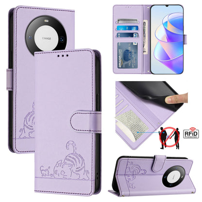 Huawei Mate 60 Leather Phone Case with Cat and Rat Embossed Pattern, RFID Protection, Card Holder Slots, Anti-fall Feature & Lanyard