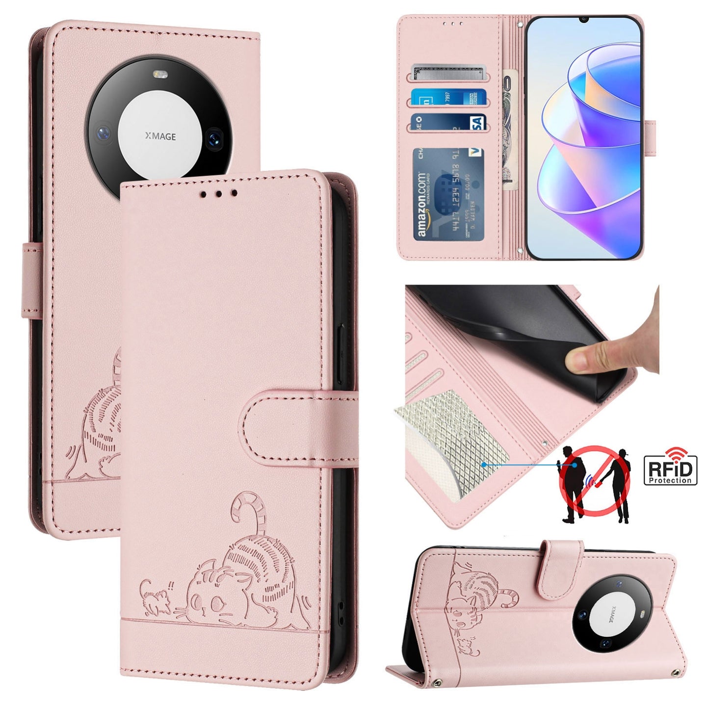 Huawei Mate 60 Pro Leather Phone Case with Cat and Rat Embossed Pattern, RFID Protection, Card Holder Slots, Anti-fall Feature & Lanyard