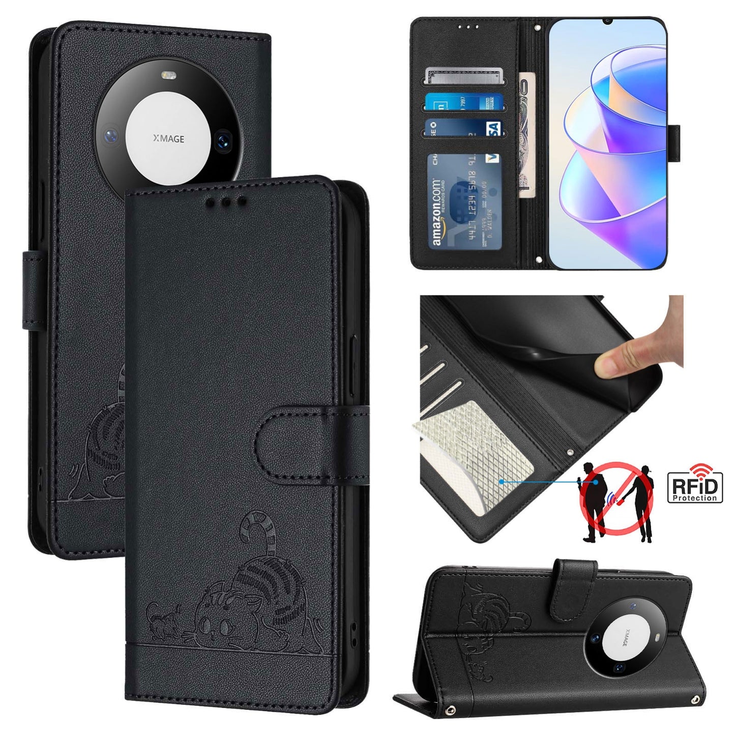 Huawei Mate 60 Pro Leather Phone Case with Cat and Rat Embossed Pattern, RFID Protection, Card Holder Slots, Anti-fall Feature & Lanyard
