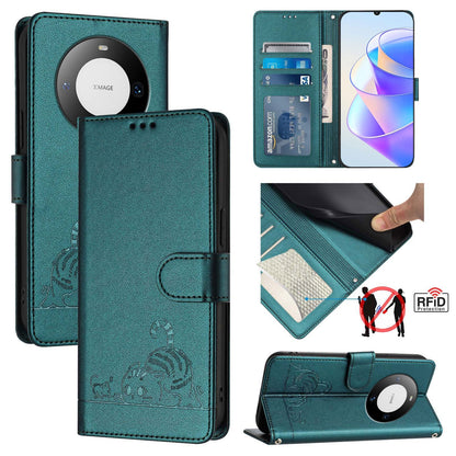 Huawei Mate 60 Pro+ Leather Phone Case with Cat and Rat Embossed Pattern, RFID Protection, Card Holder Slots, Anti-fall Feature & Lanyard