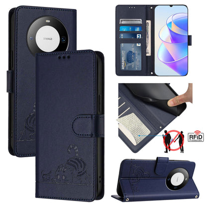 Huawei Mate 60 Pro Leather Phone Case with Cat and Rat Embossed Pattern, RFID Protection, Card Holder Slots, Anti-fall Feature & Lanyard