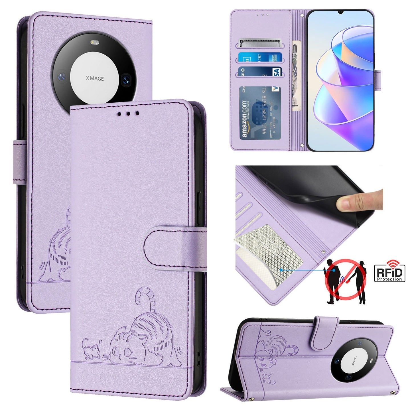 Huawei Mate 60 Pro Leather Phone Case with Cat and Rat Embossed Pattern, RFID Protection, Card Holder Slots, Anti-fall Feature & Lanyard