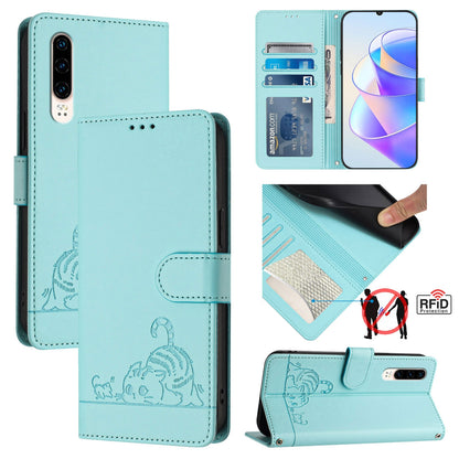 Huawei P30 Leather Phone Case with Cat and Rat Embossed Pattern, RFID Protection, Card Holder Slots, Anti-fall Feature & Lanyard