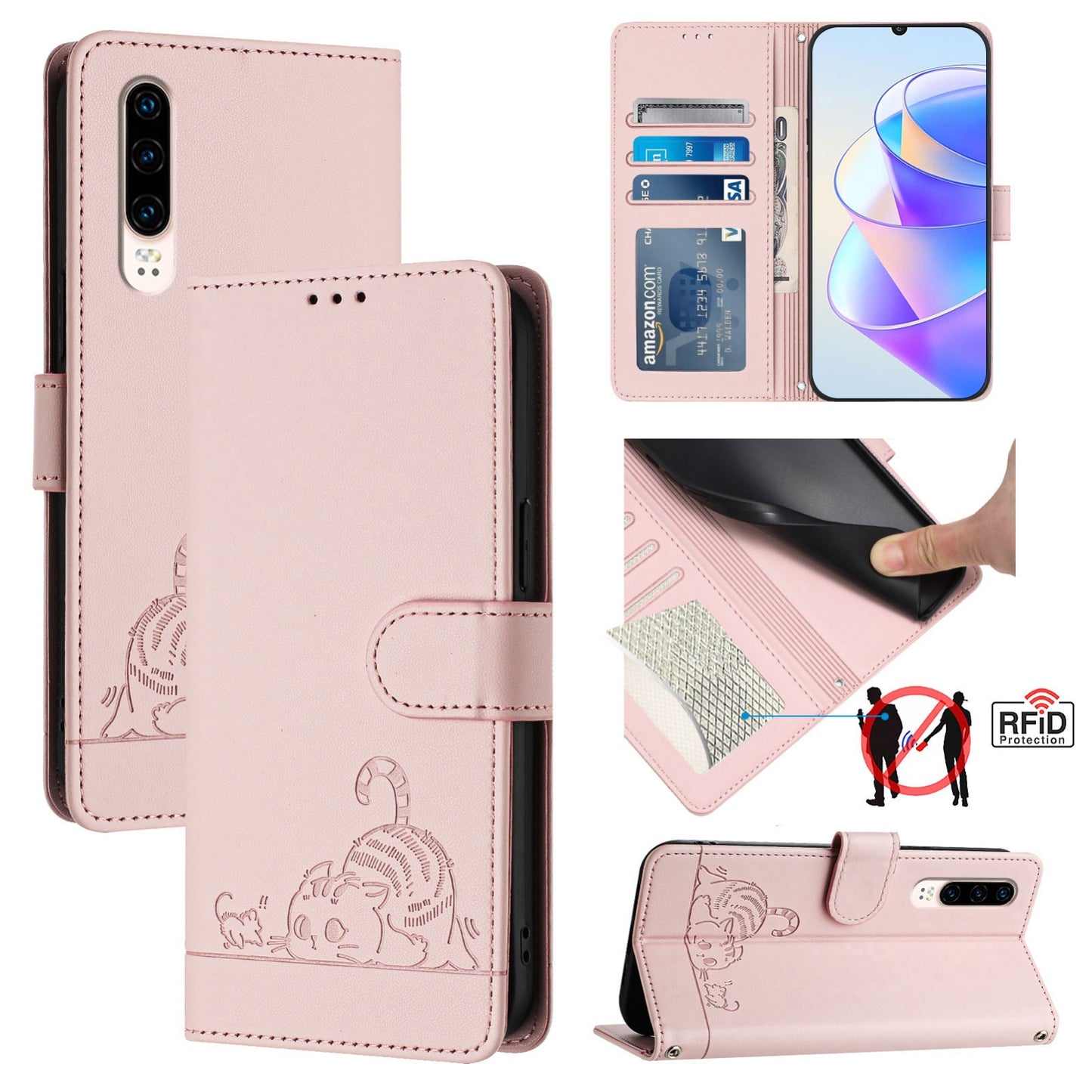 Huawei P30 Leather Phone Case with Cat and Rat Embossed Pattern, RFID Protection, Card Holder Slots, Anti-fall Feature & Lanyard