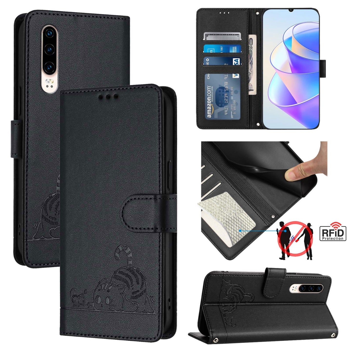 Huawei P30 Leather Phone Case with Cat and Rat Embossed Pattern, RFID Protection, Card Holder Slots, Anti-fall Feature & Lanyard