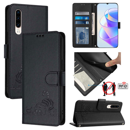 Huawei P30 Leather Phone Case with Cat and Rat Embossed Pattern, RFID Protection, Card Holder Slots, Anti-fall Feature & Lanyard