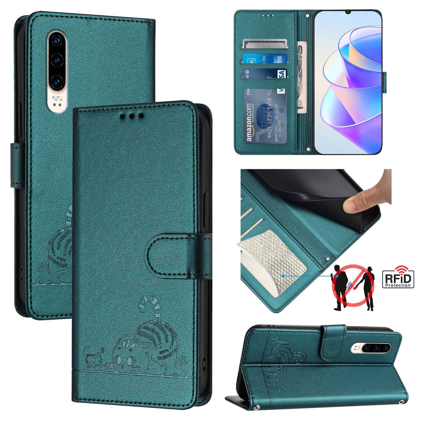 Huawei P30 Leather Phone Case with Cat and Rat Embossed Pattern, RFID Protection, Card Holder Slots, Anti-fall Feature & Lanyard