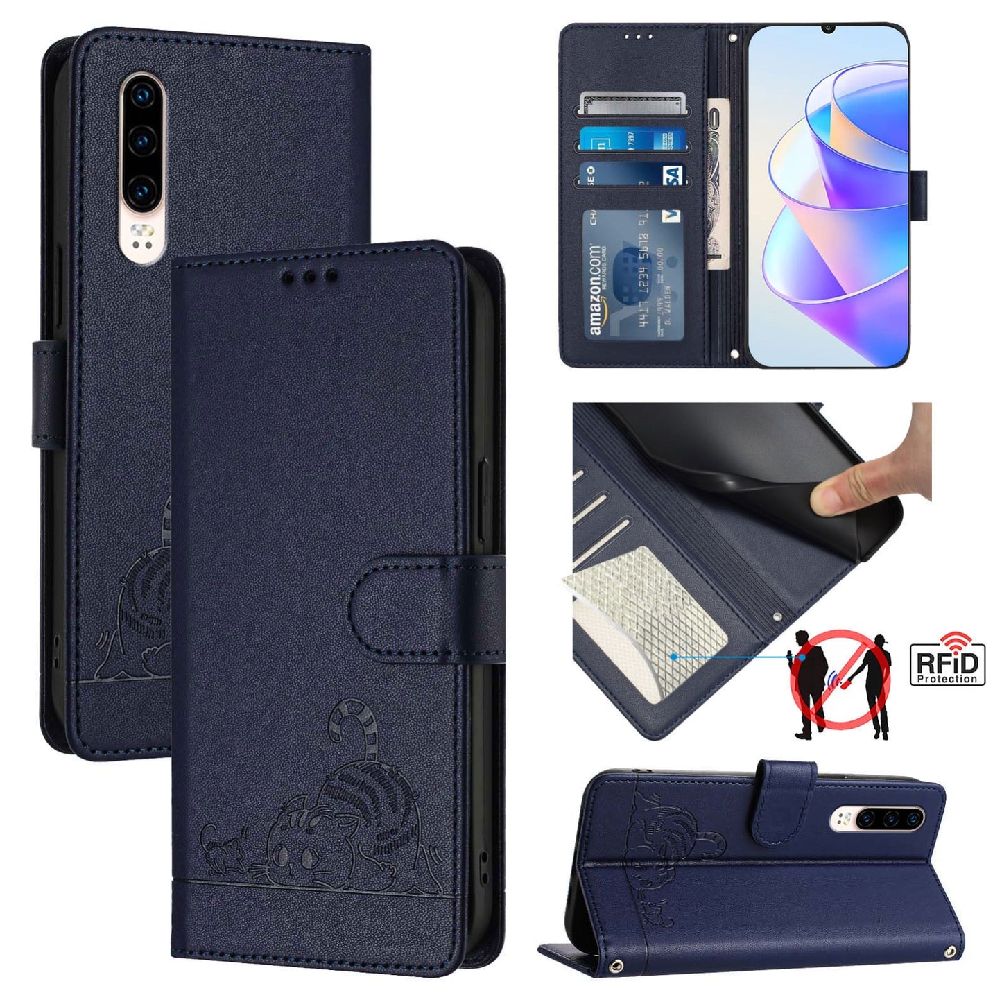 Huawei P30 Leather Phone Case with Cat and Rat Embossed Pattern, RFID Protection, Card Holder Slots, Anti-fall Feature & Lanyard