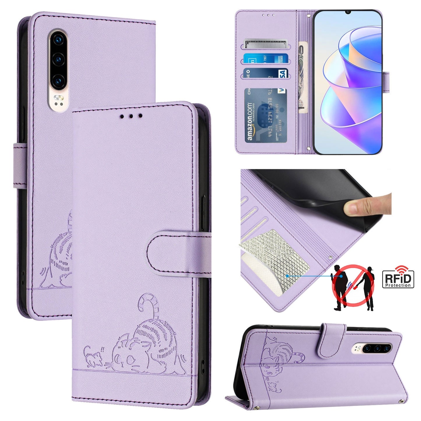 Huawei P30 Leather Phone Case with Cat and Rat Embossed Pattern, RFID Protection, Card Holder Slots, Anti-fall Feature & Lanyard
