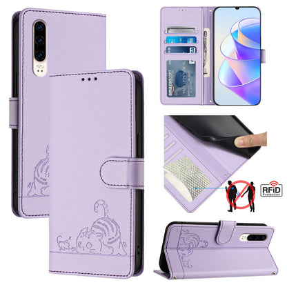 Huawei P30 Leather Phone Case with Cat and Rat Embossed Pattern, RFID Protection, Card Holder Slots, Anti-fall Feature & Lanyard