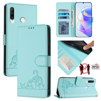 Huawei P30 Lite Leather Phone Case with Cat and Rat Embossed Pattern, RFID Protection, Card Holder Slots, Anti-fall Feature & Lanyard