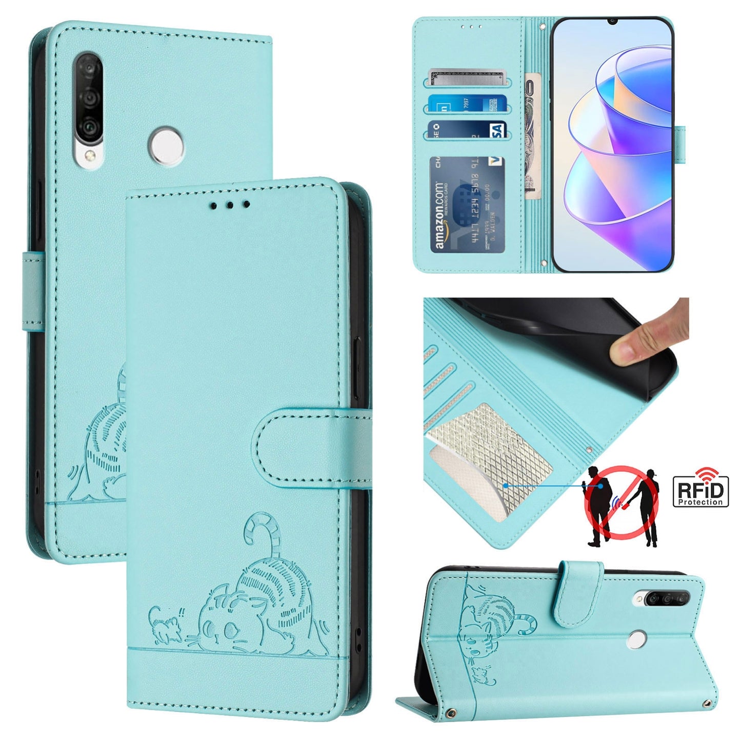 Huawei Nova 4e Leather Phone Case with Cat and Rat Embossed Pattern, RFID Protection, Card Holder Slots, Anti-fall Feature & Lanyard