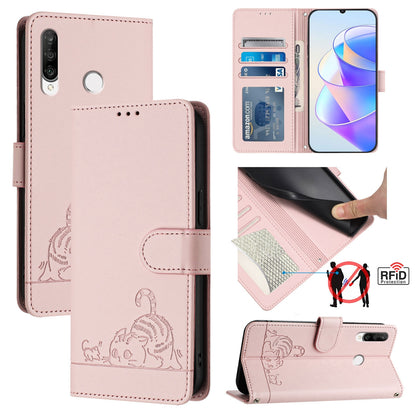 Huawei P30 Lite Leather Phone Case with Cat and Rat Embossed Pattern, RFID Protection, Card Holder Slots, Anti-fall Feature & Lanyard