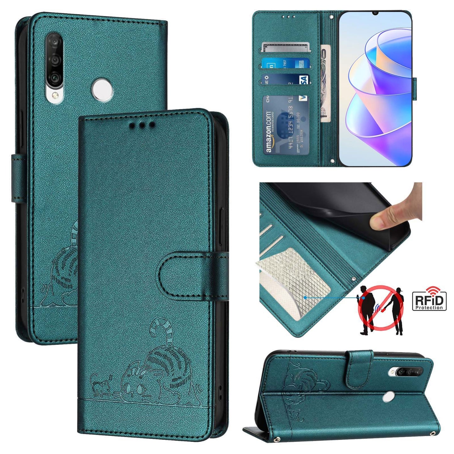 Huawei P30 Lite Leather Phone Case with Cat and Rat Embossed Pattern, RFID Protection, Card Holder Slots, Anti-fall Feature & Lanyard