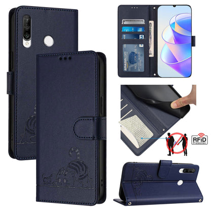 Huawei P30 Lite Leather Phone Case with Cat and Rat Embossed Pattern, RFID Protection, Card Holder Slots, Anti-fall Feature & Lanyard