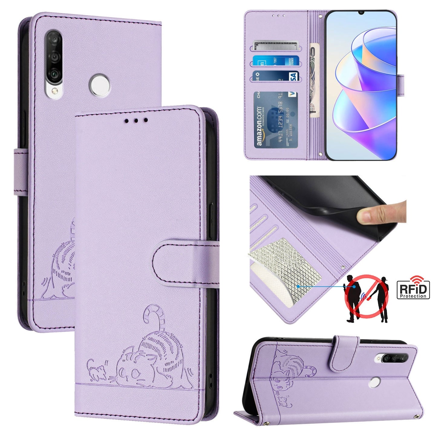 Huawei Nova 4e Leather Phone Case with Cat and Rat Embossed Pattern, RFID Protection, Card Holder Slots, Anti-fall Feature & Lanyard