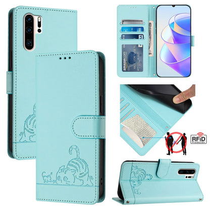 Huawei P30 Pro Leather Phone Case with Cat and Rat Embossed Pattern, RFID Protection, Card Holder Slots, Anti-fall Feature & Lanyard