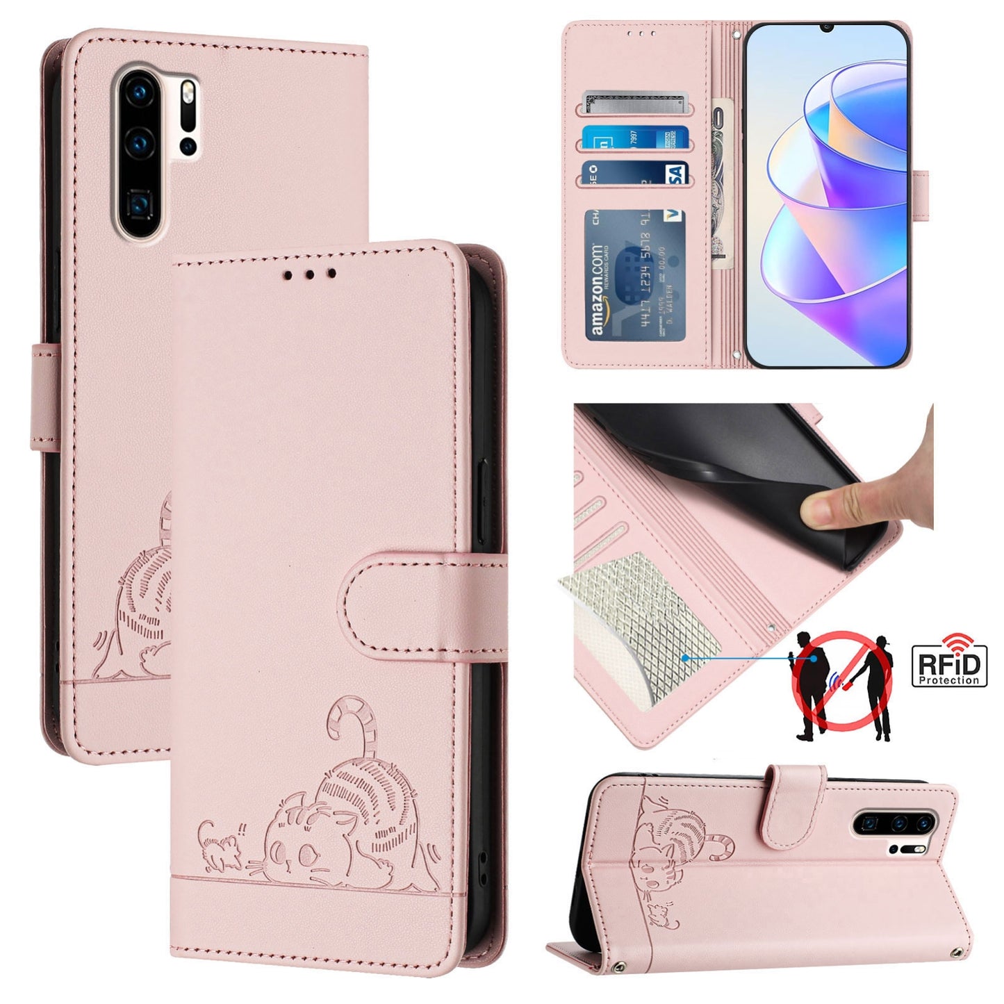 Huawei P30 Pro Leather Phone Case with Cat and Rat Embossed Pattern, RFID Protection, Card Holder Slots, Anti-fall Feature & Lanyard