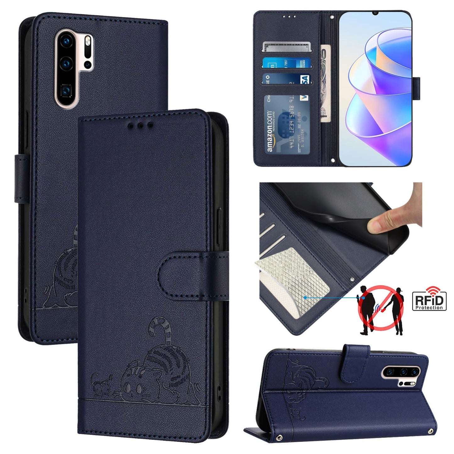 Huawei P30 Pro Leather Phone Case with Cat and Rat Embossed Pattern, RFID Protection, Card Holder Slots, Anti-fall Feature & Lanyard