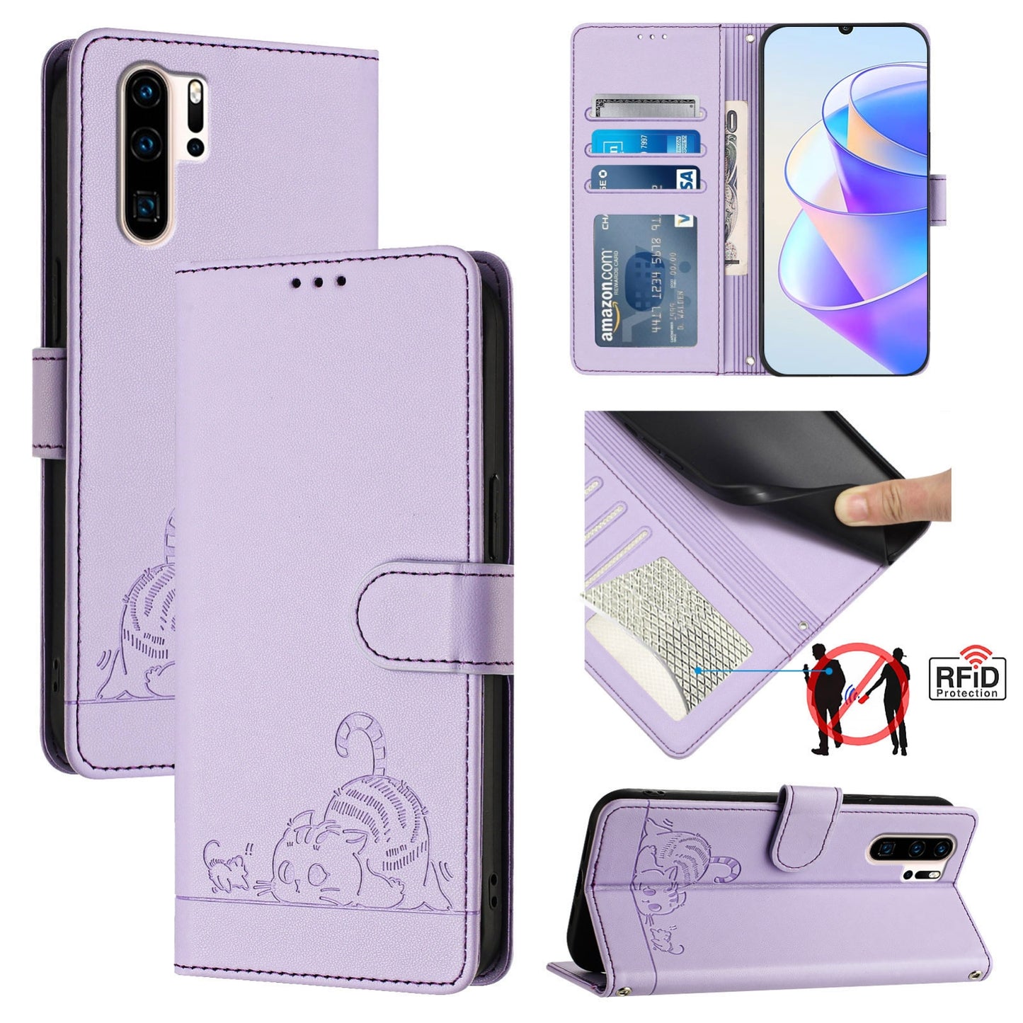 Huawei P30 Pro Leather Phone Case with Cat and Rat Embossed Pattern, RFID Protection, Card Holder Slots, Anti-fall Feature & Lanyard