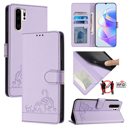 Huawei P30 Pro Leather Phone Case with Cat and Rat Embossed Pattern, RFID Protection, Card Holder Slots, Anti-fall Feature & Lanyard