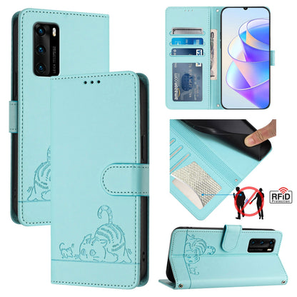 Huawei P40 Leather Phone Case with Cat and Rat Embossed Pattern, RFID Protection, Card Holder Slots, Anti-fall Feature & Lanyard