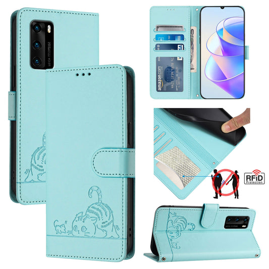 Huawei P40 Leather Phone Case with Cat and Rat Embossed Pattern, RFID Protection, Card Holder Slots, Anti-fall Feature & Lanyard