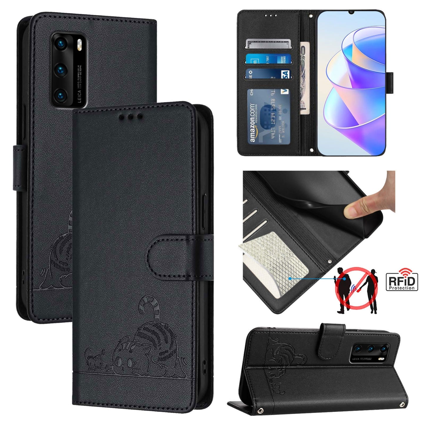 Huawei P40 Leather Phone Case with Cat and Rat Embossed Pattern, RFID Protection, Card Holder Slots, Anti-fall Feature & Lanyard