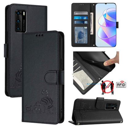 Huawei P40 Leather Phone Case with Cat and Rat Embossed Pattern, RFID Protection, Card Holder Slots, Anti-fall Feature & Lanyard