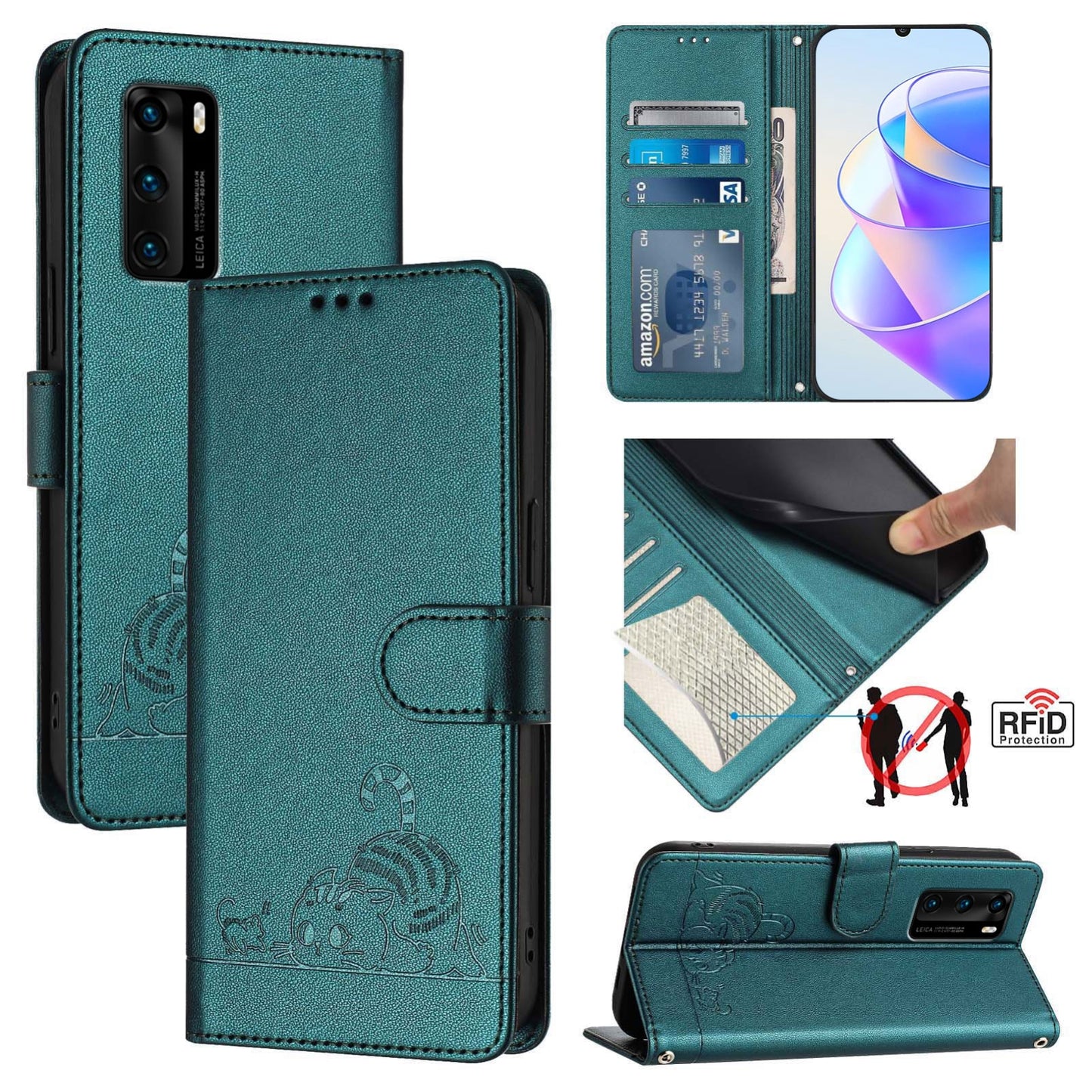 Huawei P40 Leather Phone Case with Cat and Rat Embossed Pattern, RFID Protection, Card Holder Slots, Anti-fall Feature & Lanyard