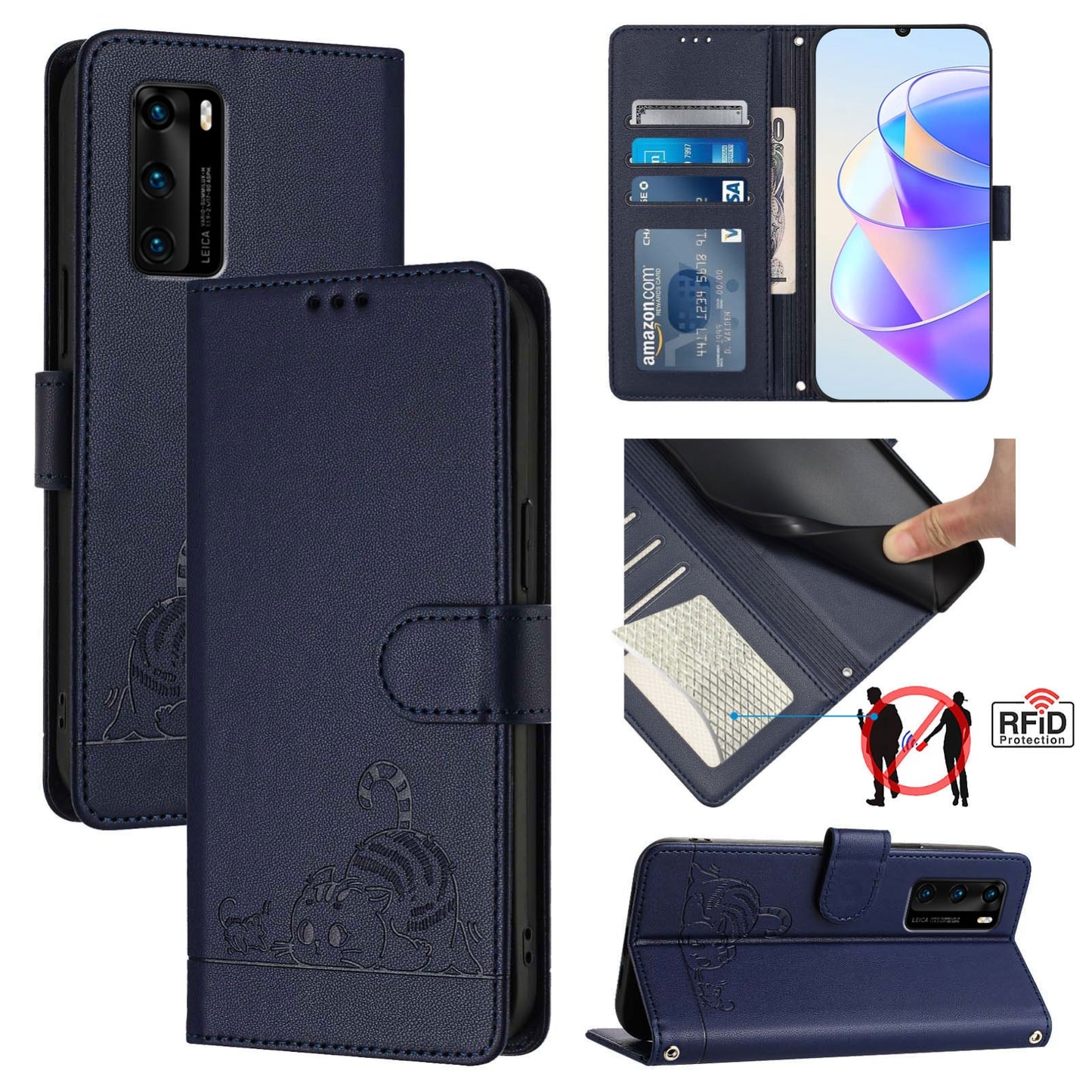 Huawei P40 Leather Phone Case with Cat and Rat Embossed Pattern, RFID Protection, Card Holder Slots, Anti-fall Feature & Lanyard
