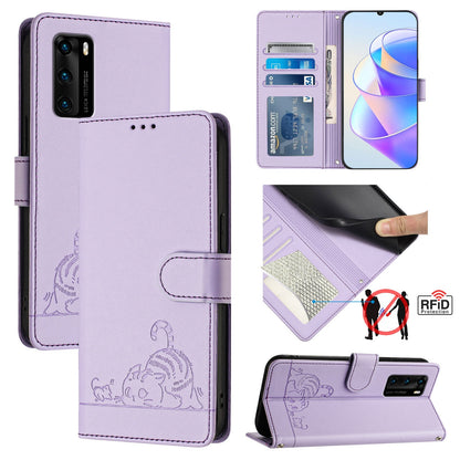 Huawei P40 Leather Phone Case with Cat and Rat Embossed Pattern, RFID Protection, Card Holder Slots, Anti-fall Feature & Lanyard
