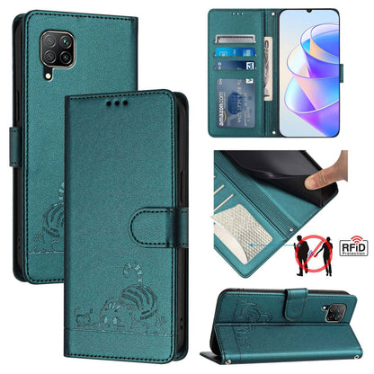 Huawei P40 lite 4G Leather Phone Case with Cat and Rat Embossed Pattern, RFID Protection, Card Holder Slots, Anti-fall Feature & Lanyard
