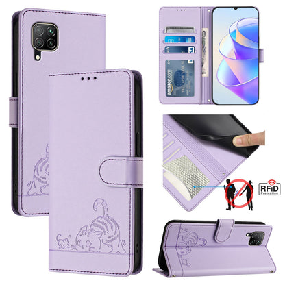 Huawei P40 lite 4G Leather Phone Case with Cat and Rat Embossed Pattern, RFID Protection, Card Holder Slots, Anti-fall Feature & Lanyard
