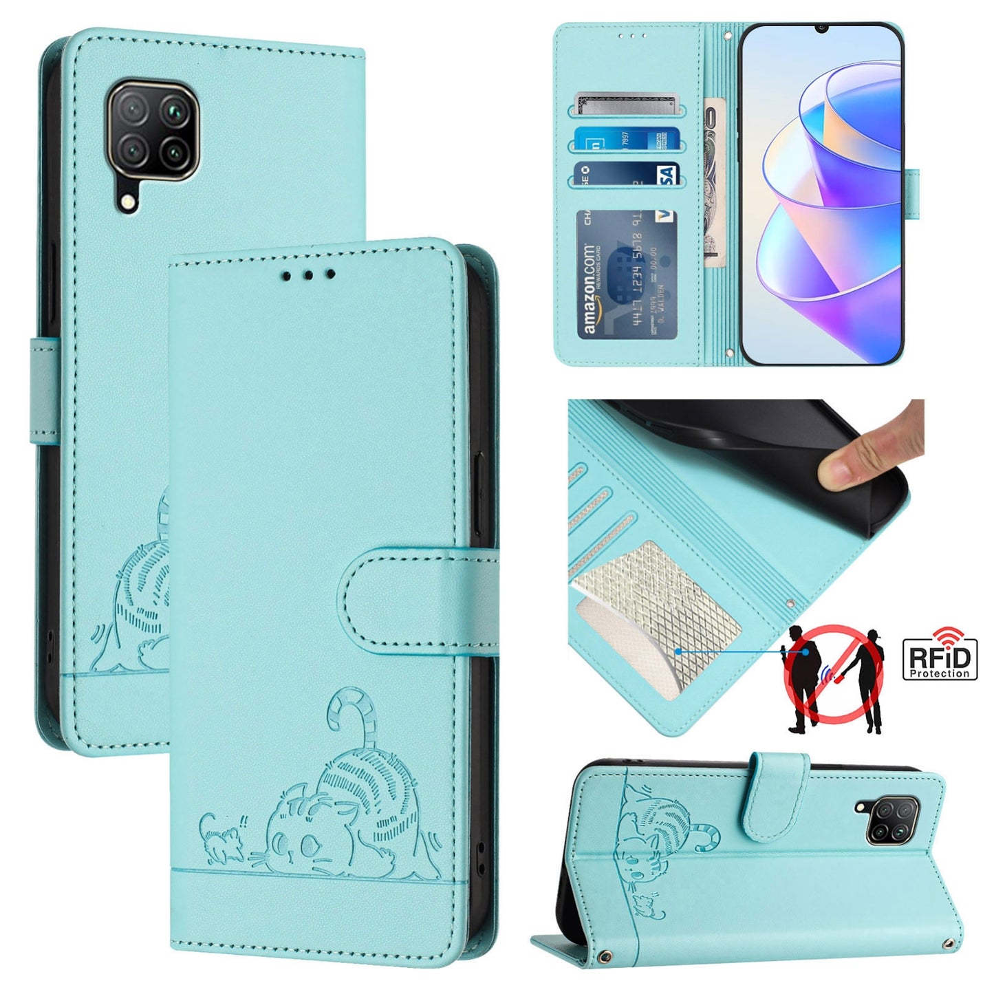 Huawei nova 6 SE Leather Phone Case with Cat and Rat Embossed Pattern, RFID Protection, Card Holder Slots, Anti-fall Feature & Lanyard