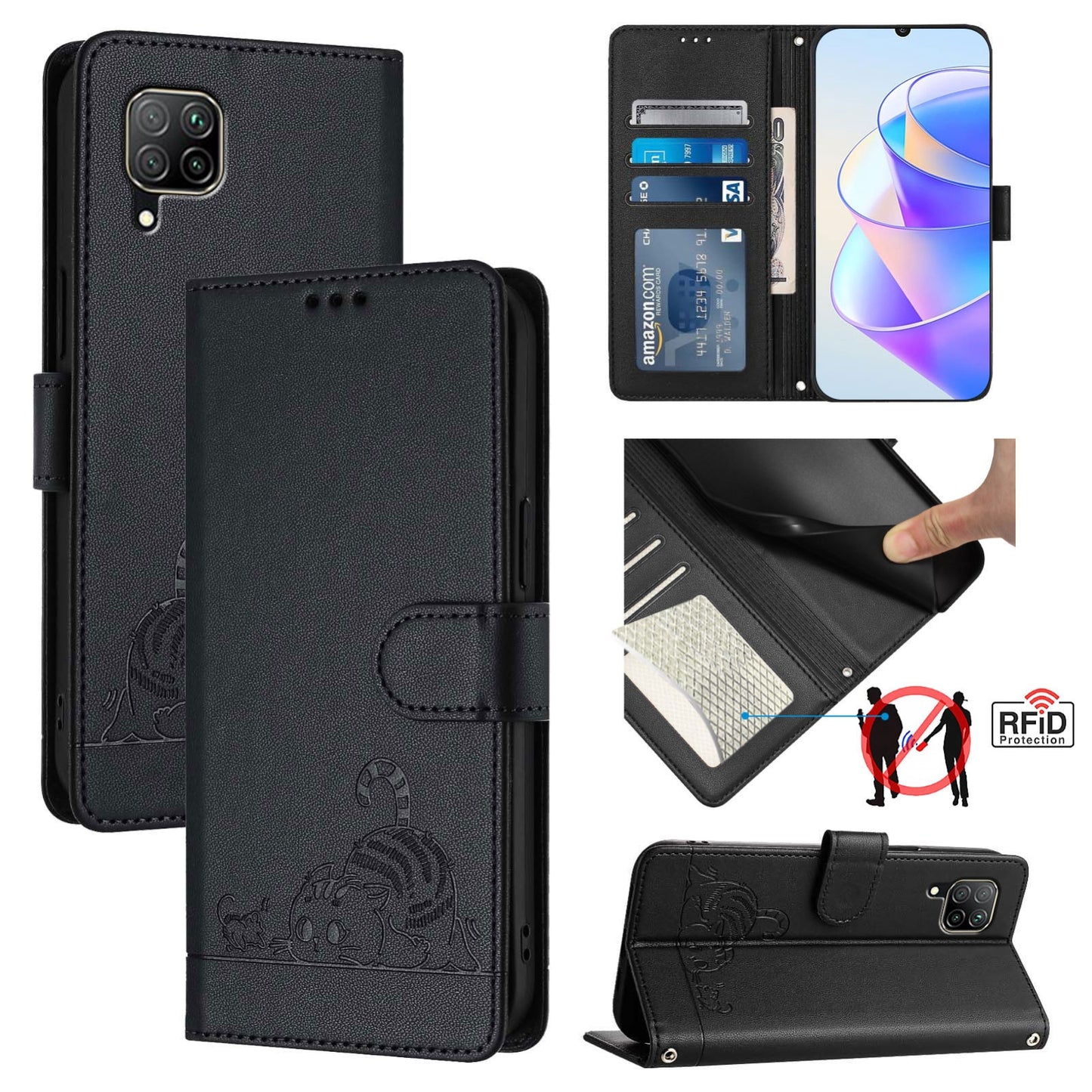 Huawei nova 6 SE Leather Phone Case with Cat and Rat Embossed Pattern, RFID Protection, Card Holder Slots, Anti-fall Feature & Lanyard