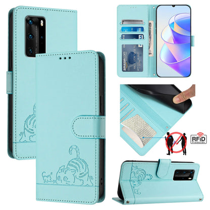 Huawei P40 Pro Leather Phone Case with Cat and Rat Embossed Pattern, RFID Protection, Card Holder Slots, Anti-fall Feature & Lanyard