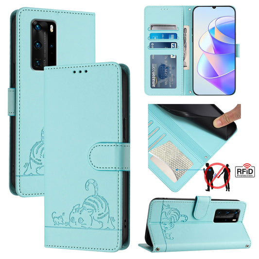 Huawei P40 Pro Leather Phone Case with Cat and Rat Embossed Pattern, RFID Protection, Card Holder Slots, Anti-fall Feature & Lanyard