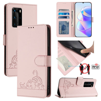 Huawei P40 Pro Leather Phone Case with Cat and Rat Embossed Pattern, RFID Protection, Card Holder Slots, Anti-fall Feature & Lanyard