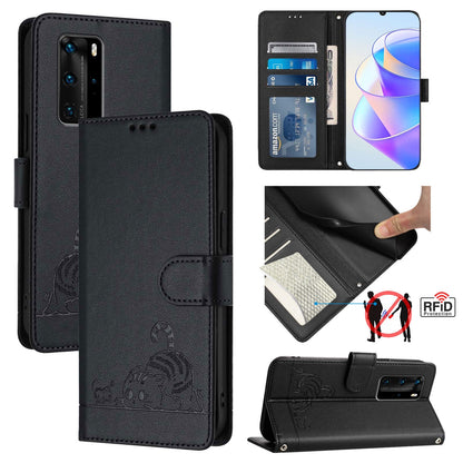 Huawei P40 Pro Leather Phone Case with Cat and Rat Embossed Pattern, RFID Protection, Card Holder Slots, Anti-fall Feature & Lanyard