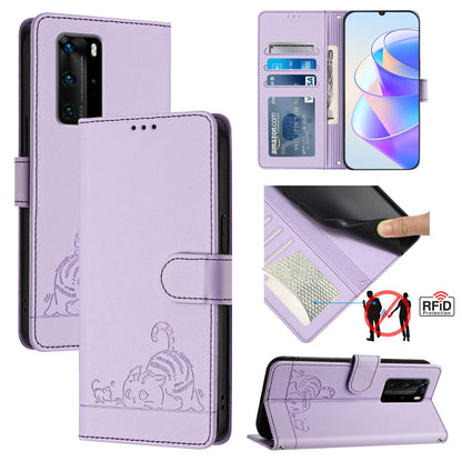 Huawei P40 Pro Leather Phone Case with Cat and Rat Embossed Pattern, RFID Protection, Card Holder Slots, Anti-fall Feature & Lanyard