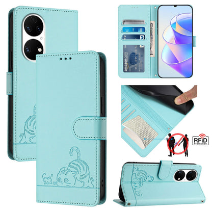Huawei P50 Pro Leather Phone Case with Cat and Rat Embossed Pattern, RFID Protection, Card Holder Slots, Anti-fall Feature & Lanyard