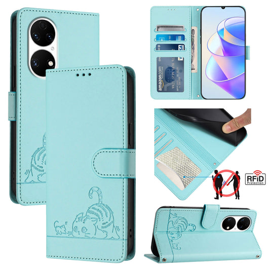 Huawei P50 Pro Leather Phone Case with Cat and Rat Embossed Pattern, RFID Protection, Card Holder Slots, Anti-fall Feature & Lanyard