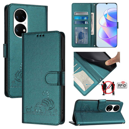 Huawei P50 Pro Leather Phone Case with Cat and Rat Embossed Pattern, RFID Protection, Card Holder Slots, Anti-fall Feature & Lanyard