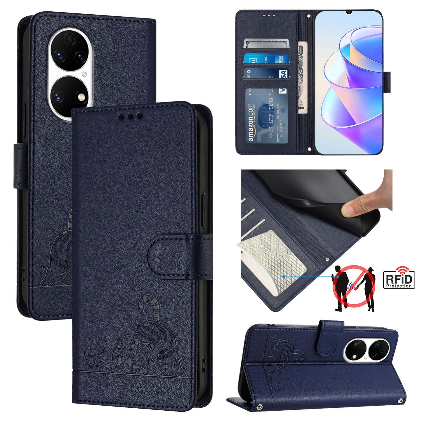 Huawei P50 Pro Leather Phone Case with Cat and Rat Embossed Pattern, RFID Protection, Card Holder Slots, Anti-fall Feature & Lanyard